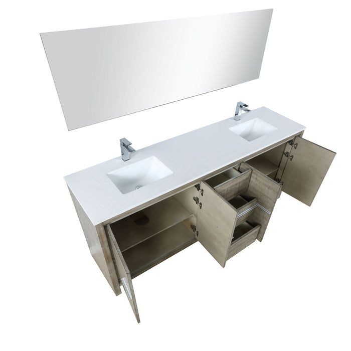 Lexora  Lafarre 80" Rustic Acacia Double Bathroom Vanity, White Quartz Top, White Square Sinks, Labaro Brushed Nickel Faucet Set, and 70" Frameless Mirror LLF80DKSODM70FBN