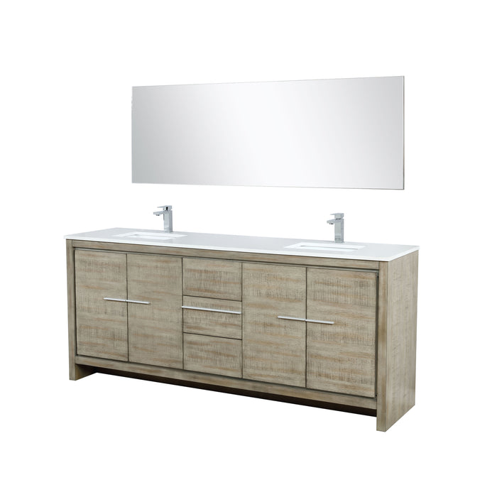 Lexora Lafarre 80" Rustic Acacia Double Bathroom Vanity, White Quartz Top, White Square Sinks, Balzani Gun Metal Faucet Set, and 70" Frameless Mirror LLF80DKSODM70FGM