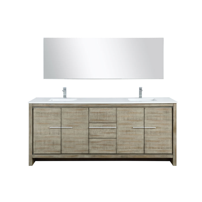 Lexora Lafarre 80" Rustic Acacia Double Bathroom Vanity, White Quartz Top, White Square Sinks, Balzani Gun Metal Faucet Set, and 70" Frameless Mirror LLF80DKSODM70FGM