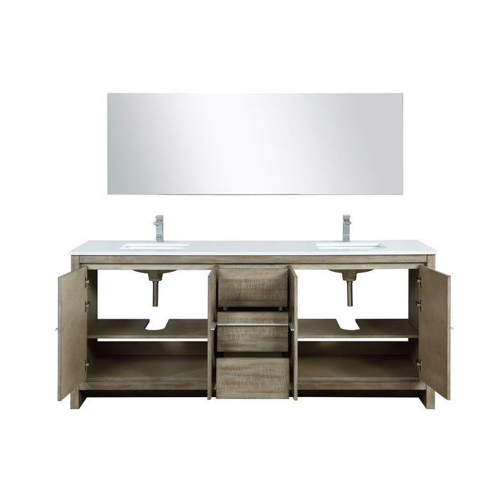 Lexora Lafarre 80" Rustic Acacia Double Bathroom Vanity, White Quartz Top, White Square Sinks, Balzani Gun Metal Faucet Set, and 70" Frameless Mirror LLF80DKSODM70FGM