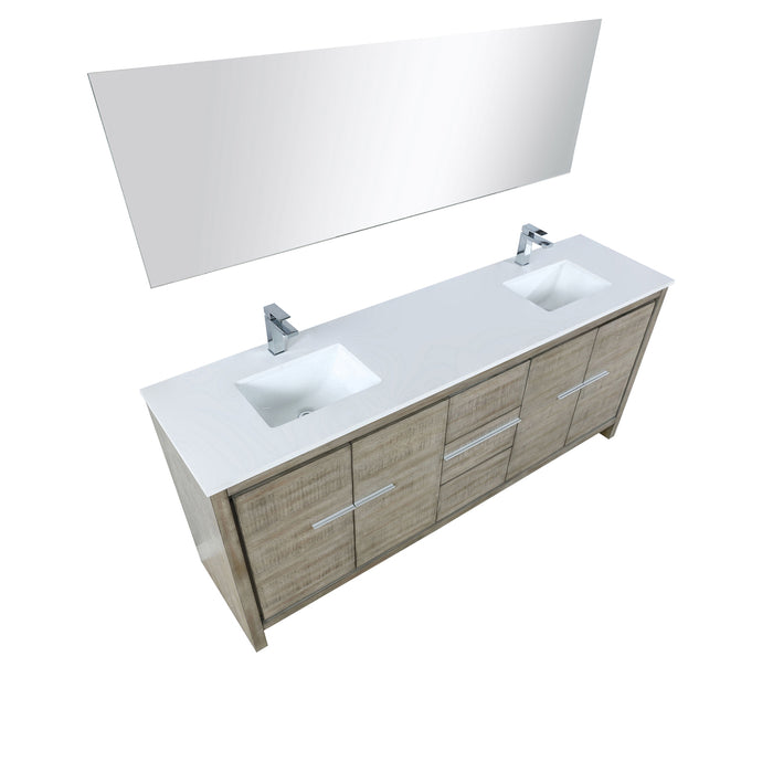 Lexora Lafarre 80" Rustic Acacia Double Bathroom Vanity, White Quartz Top, White Square Sinks, Balzani Gun Metal Faucet Set, and 70" Frameless Mirror LLF80DKSODM70FGM