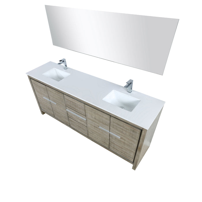 Lexora Lafarre 80" Rustic Acacia Double Bathroom Vanity, White Quartz Top, White Square Sinks, Balzani Gun Metal Faucet Set, and 70" Frameless Mirror LLF80DKSODM70FGM