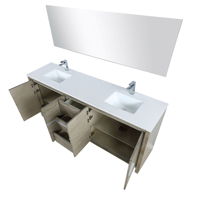 Lexora Lafarre 80" Rustic Acacia Double Bathroom Vanity, White Quartz Top, White Square Sinks, Balzani Gun Metal Faucet Set, and 70" Frameless Mirror LLF80DKSODM70FGM