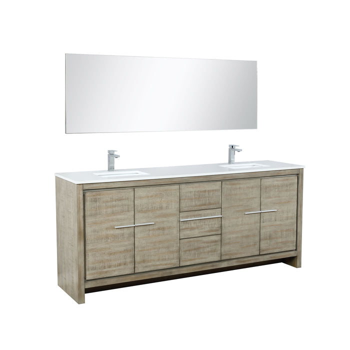 Lexora Lafarre 80" Rustic Acacia Double Bathroom Vanity, White Quartz Top, White Square Sinks, Balzani Gun Metal Faucet Set, and 70" Frameless Mirror LLF80DKSODM70FGM