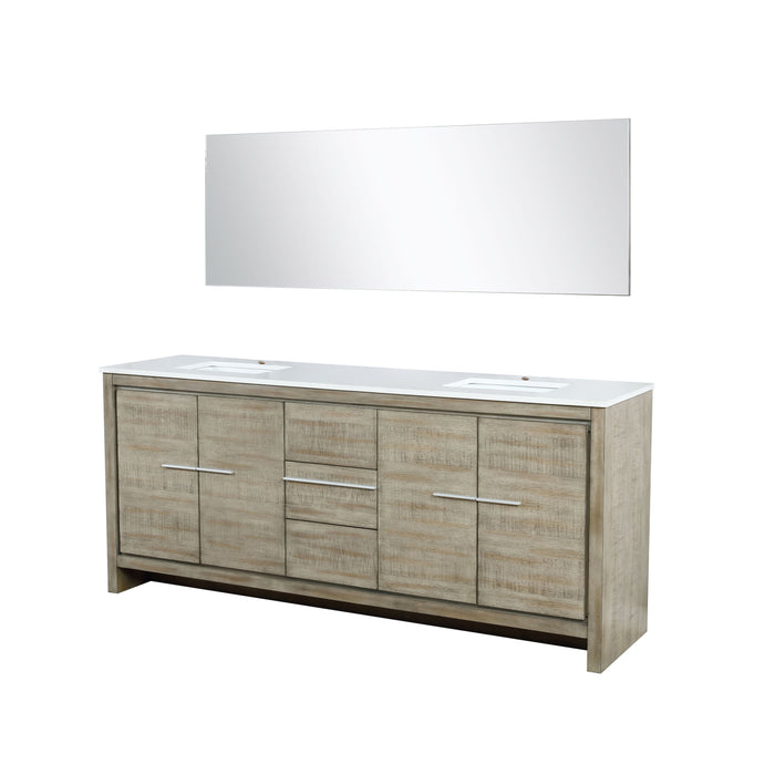 Lexora Lafarre 80" Rustic Acacia Double Bathroom Vanity, White Quartz Top, White Square Sinks, and 70" Frameless Mirror LLF80DKSODM70