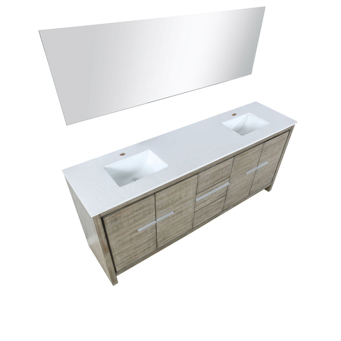 Lexora Lafarre 80" Rustic Acacia Double Bathroom Vanity, White Quartz Top, White Square Sinks, and 70" Frameless Mirror LLF80DKSODM70