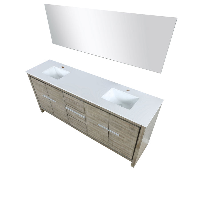 Lexora Lafarre 80" Rustic Acacia Double Bathroom Vanity, White Quartz Top, White Square Sinks, and 70" Frameless Mirror LLF80DKSODM70