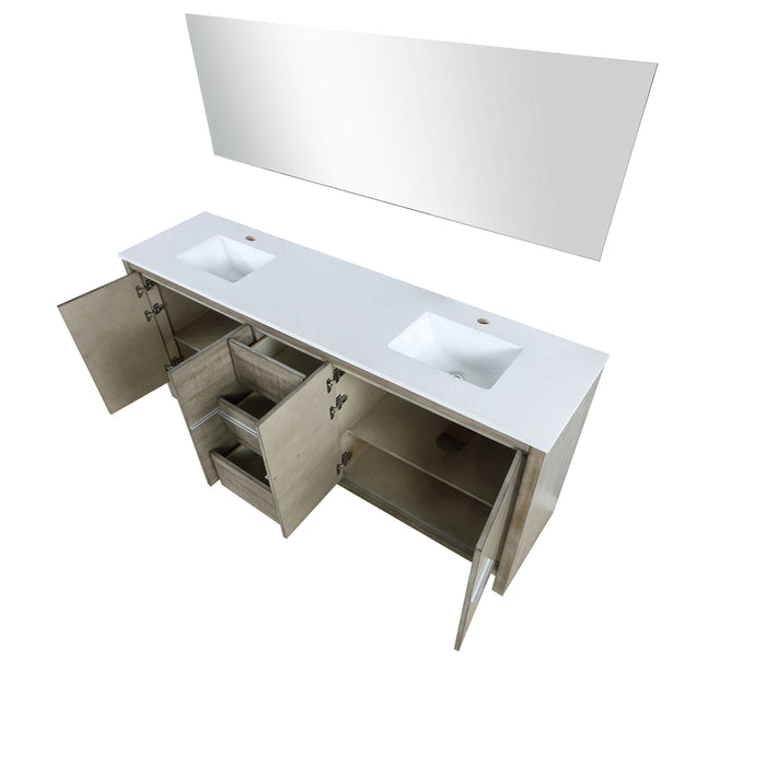 Lexora Lafarre 80" Rustic Acacia Double Bathroom Vanity, White Quartz Top, White Square Sinks, and 70" Frameless Mirror LLF80DKSODM70