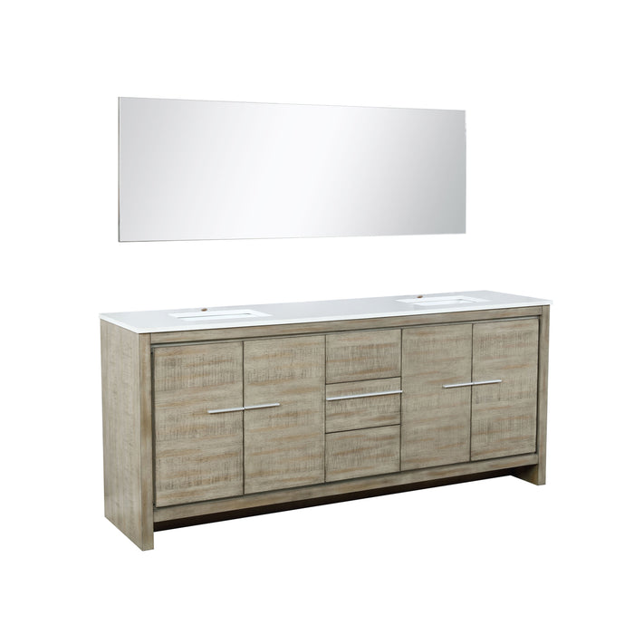 Lexora Lafarre 80" Rustic Acacia Double Bathroom Vanity, White Quartz Top, White Square Sinks, and 70" Frameless Mirror LLF80DKSODM70