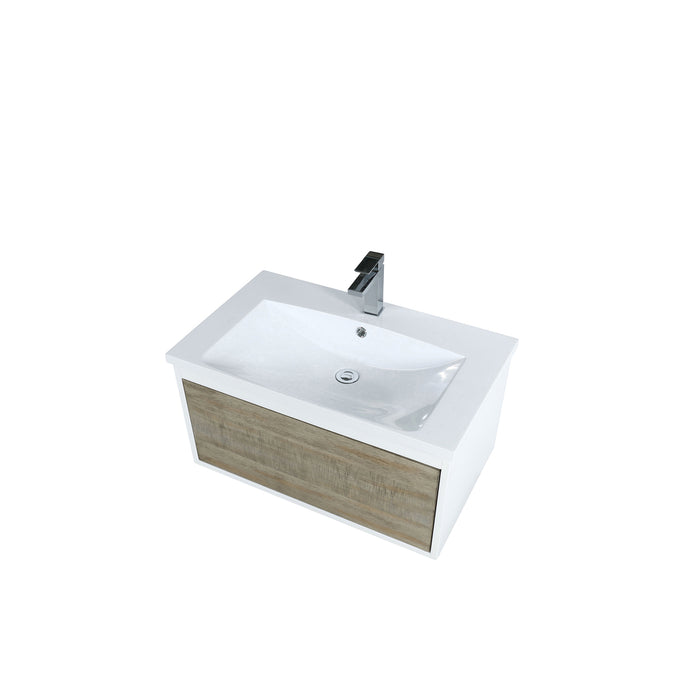 Lexora Scopi 30" Rustic Acacia Bathroom Vanity, Acrylic Composite Top with Integrated Sink, and Labaro Brushed Nickel Faucet Set LSC30SRAOS000FBN