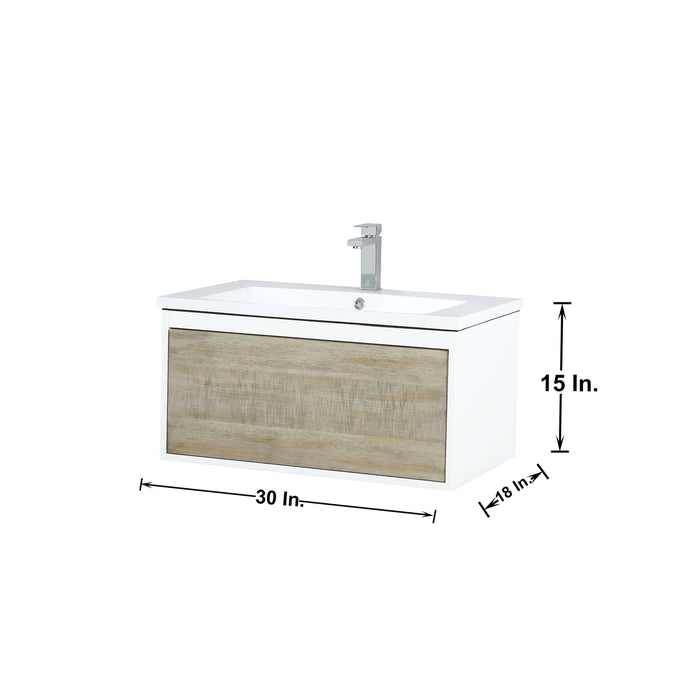 Lexora Scopi 30" Rustic Acacia Bathroom Vanity, Acrylic Composite Top with Integrated Sink, and Balzani Gun Metal Faucet Set LSC30SRAOS000FGM