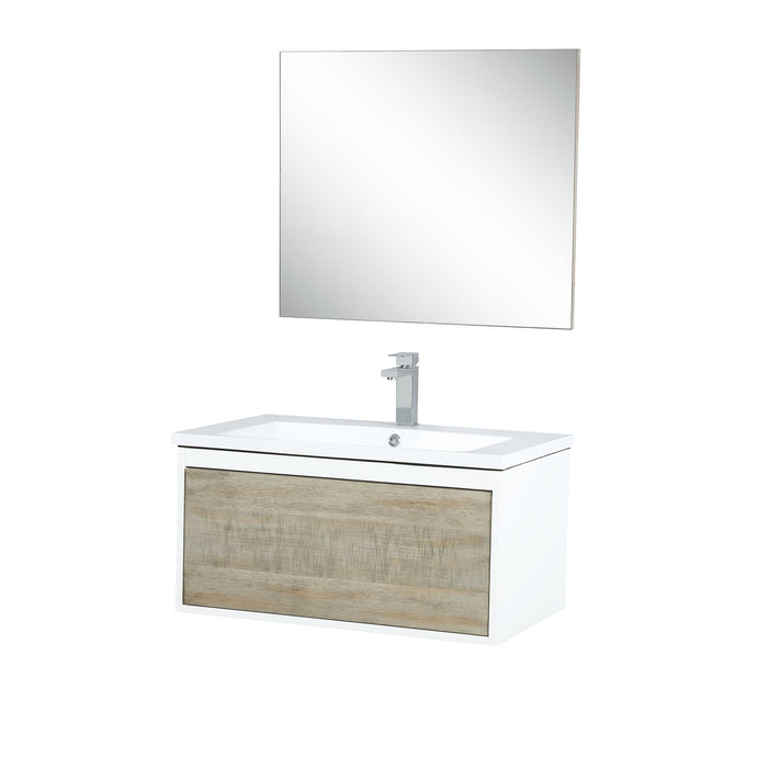 Lexora Scopi 30" Rustic Acacia Bathroom Vanity, Acrylic Composite Top with Integrated Sink, Labaro Brushed Nickel Faucet Set, and 28" Frameless Mirror LSC30SRAOSM28FBN