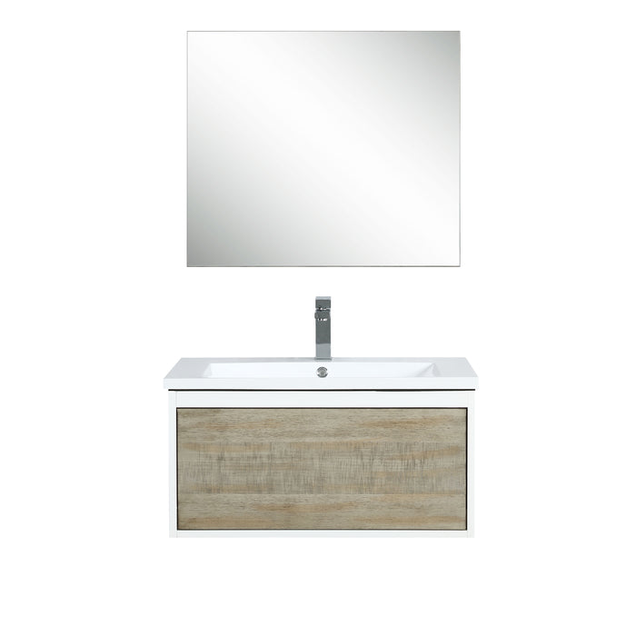 Lexora Scopi 30" Rustic Acacia Bathroom Vanity, Acrylic Composite Top with Integrated Sink, Labaro Brushed Nickel Faucet Set, and 28" Frameless Mirror LSC30SRAOSM28FBN