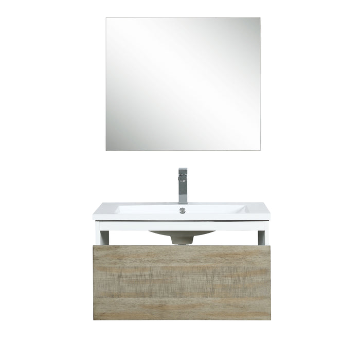 Lexora Scopi 30" Rustic Acacia Bathroom Vanity, Acrylic Composite Top with Integrated Sink, Labaro Brushed Nickel Faucet Set, and 28" Frameless Mirror LSC30SRAOSM28FBN