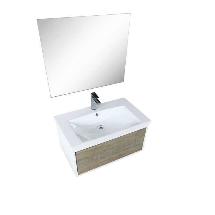 Lexora Scopi 30" Rustic Acacia Bathroom Vanity, Acrylic Composite Top with Integrated Sink, Labaro Brushed Nickel Faucet Set, and 28" Frameless Mirror LSC30SRAOSM28FBN