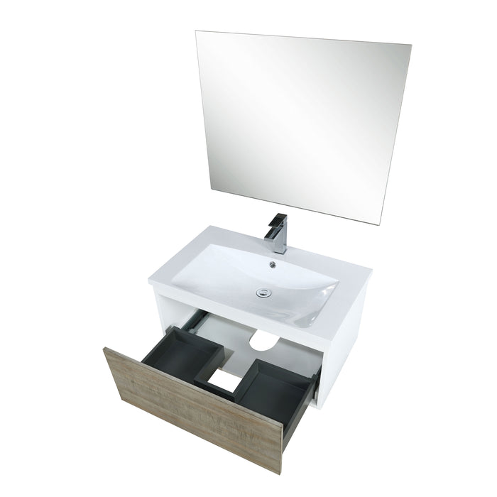 Lexora Scopi 30" Rustic Acacia Bathroom Vanity, Acrylic Composite Top with Integrated Sink, Labaro Brushed Nickel Faucet Set, and 28" Frameless Mirror LSC30SRAOSM28FBN