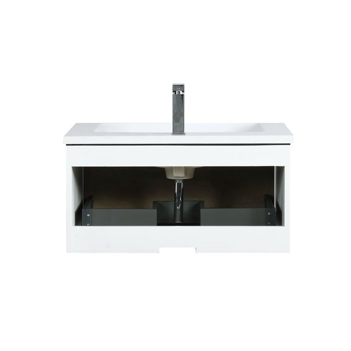 Lexora Scopi 30" Rustic Acacia Bathroom Vanity, Acrylic Composite Top with Integrated Sink, Balzani Gun Metal Faucet Set, and 28" Frameless Mirror LSC30SRAOSM28FGM