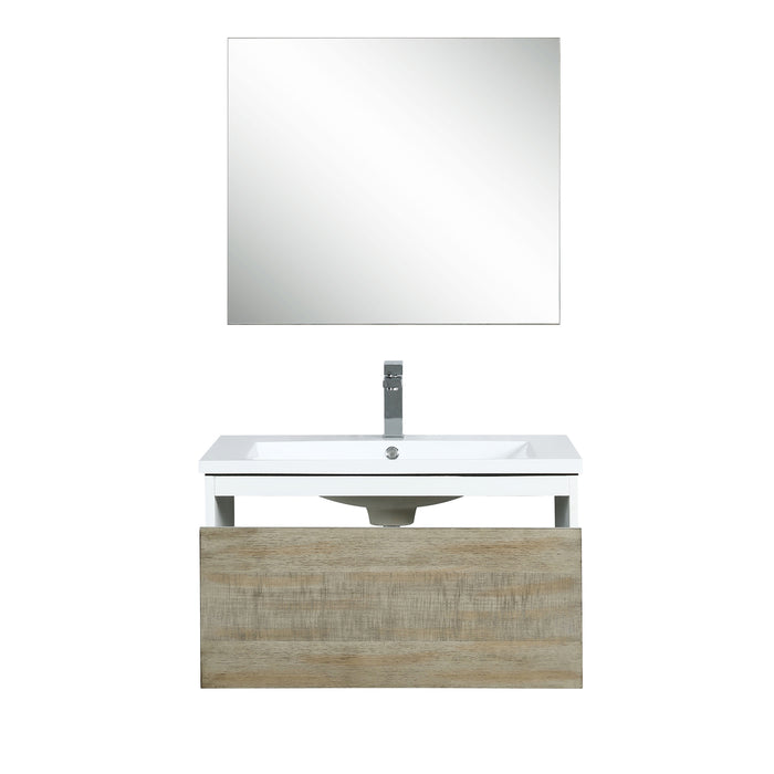 Lexora Scopi 30" Rustic Acacia Bathroom Vanity, Acrylic Composite Top with Integrated Sink, Balzani Gun Metal Faucet Set, and 28" Frameless Mirror LSC30SRAOSM28FGM