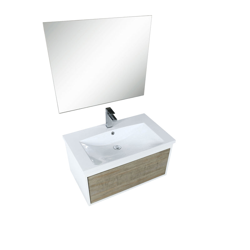 Lexora Scopi 30" Rustic Acacia Bathroom Vanity, Acrylic Composite Top with Integrated Sink, Balzani Gun Metal Faucet Set, and 28" Frameless Mirror LSC30SRAOSM28FGM