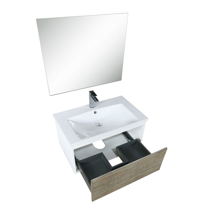 Lexora Scopi 30" Rustic Acacia Bathroom Vanity, Acrylic Composite Top with Integrated Sink, Balzani Gun Metal Faucet Set, and 28" Frameless Mirror LSC30SRAOSM28FGM