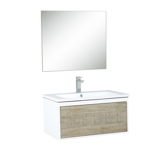 Lexora Scopi 30" Rustic Acacia Bathroom Vanity, Acrylic Composite Top with Integrated Sink, Balzani Gun Metal Faucet Set, and 28" Frameless Mirror LSC30SRAOSM28FGM