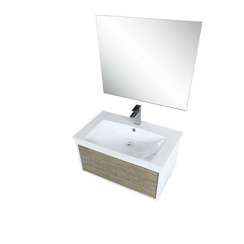 Lexora Scopi 30" Rustic Acacia Bathroom Vanity, Acrylic Composite Top with Integrated Sink, Labaro Rose Gold Faucet Set, and 28" Frameless Mirror LSC30SRAOSM28FRG
