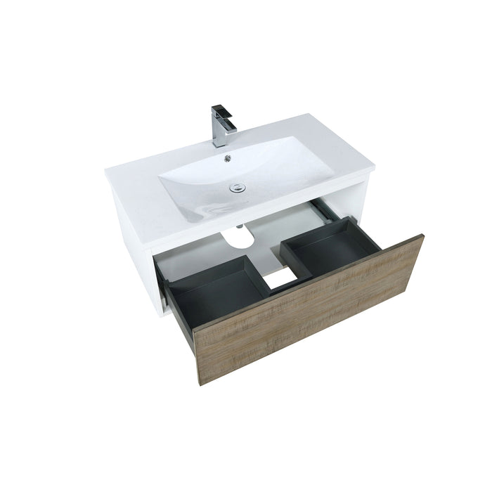 Lexora Scopi 36" Rustic Acacia Bathroom Vanity, Acrylic Composite Top with Integrated Sink, and Labaro Brushed Nickel Faucet Set LSC36SRAOS000FBN