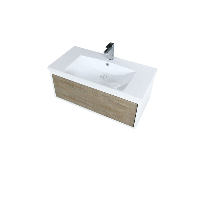 Lexora Scopi 36" Rustic Acacia Bathroom Vanity, Acrylic Composite Top with Integrated Sink, and Labaro Brushed Nickel Faucet Set LSC36SRAOS000FBN