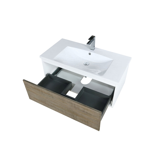 Lexora Scopi 36" Rustic Acacia Bathroom Vanity, Acrylic Composite Top with Integrated Sink, and Balzani Gun Metal Faucet Set LSC36SRAOS000FGM