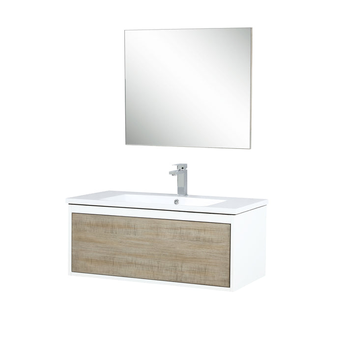 Lexora Scopi 36" Rustic Acacia Bathroom Vanity, Acrylic Composite Top with Integrated Sink, Labaro Brushed Nickel Faucet Set, and 28" Frameless Mirror LSC36SRAOSM28FBN