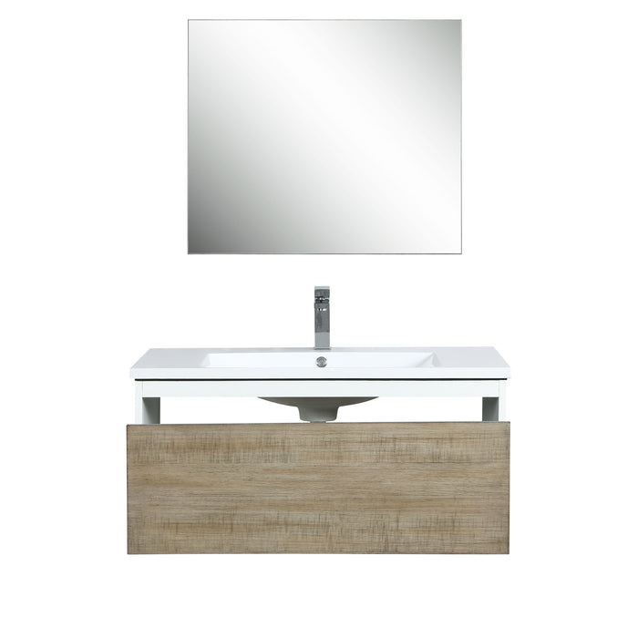 Lexora Scopi 36" Rustic Acacia Bathroom Vanity, Acrylic Composite Top with Integrated Sink, Labaro Brushed Nickel Faucet Set, and 28" Frameless Mirror LSC36SRAOSM28FBN