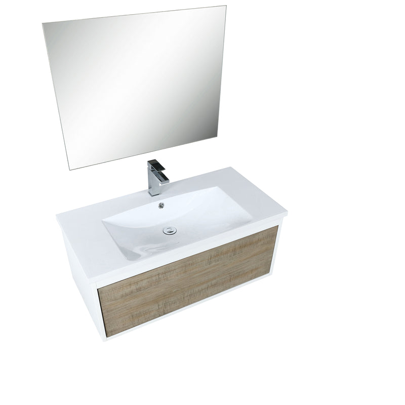 Lexora Scopi 36" Rustic Acacia Bathroom Vanity, Acrylic Composite Top with Integrated Sink, Labaro Brushed Nickel Faucet Set, and 28" Frameless Mirror LSC36SRAOSM28FBN