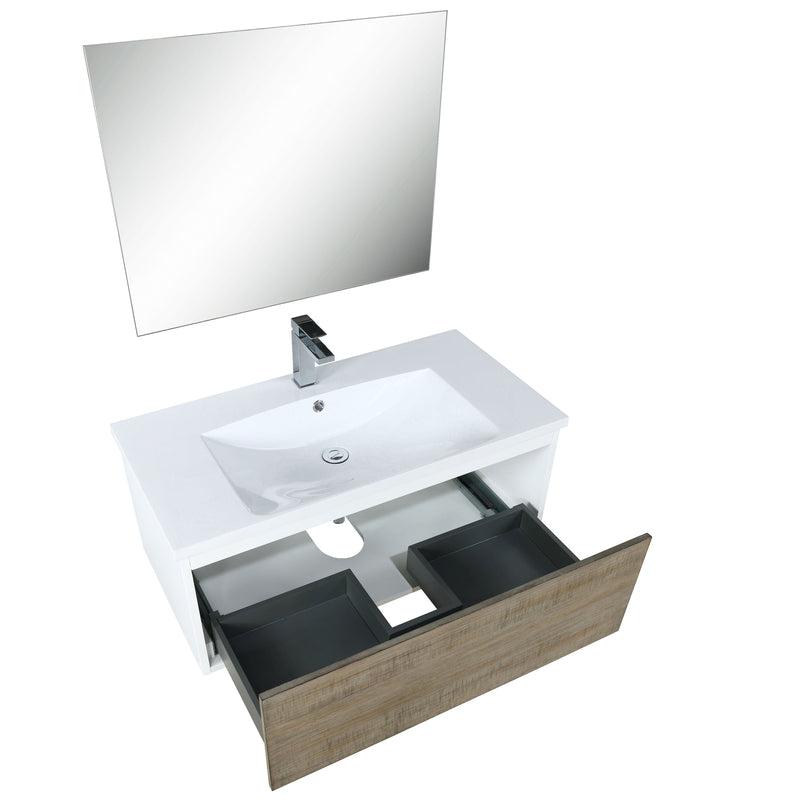 Lexora Scopi 36" Rustic Acacia Bathroom Vanity, Acrylic Composite Top with Integrated Sink, Labaro Brushed Nickel Faucet Set, and 28" Frameless Mirror LSC36SRAOSM28FBN