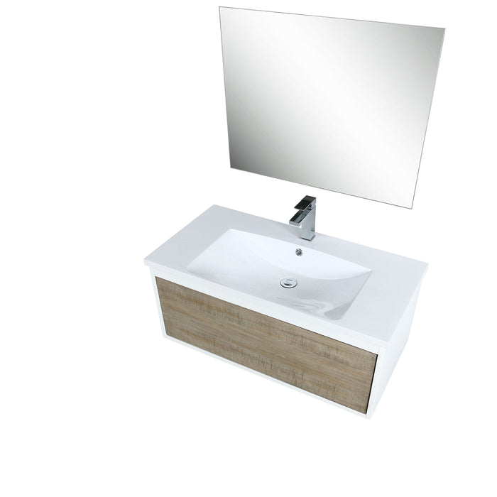 Lexora Scopi 36" Rustic Acacia Bathroom Vanity, Acrylic Composite Top with Integrated Sink, Labaro Brushed Nickel Faucet Set, and 28" Frameless Mirror LSC36SRAOSM28FBN