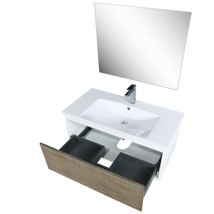 Lexora Scopi 36" Rustic Acacia Bathroom Vanity, Acrylic Composite Top with Integrated Sink, Labaro Brushed Nickel Faucet Set, and 28" Frameless Mirror LSC36SRAOSM28FBN