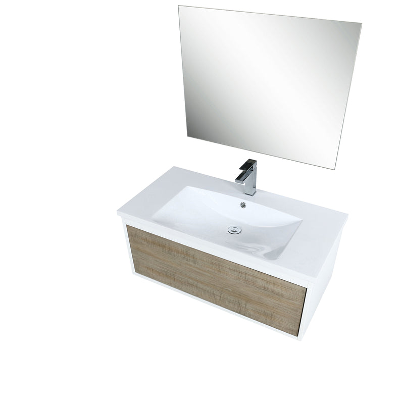 Lexora Scopi 36" Rustic Acacia Bathroom Vanity, Acrylic Composite Top with Integrated Sink, Balzani Gun Metal Faucet Set, and 28" Frameless Mirror LSC36SRAOSM28FGM