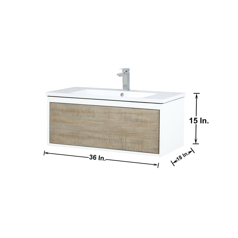 Lexora Scopi 36" Rustic Acacia Bathroom Vanity, Acrylic Composite Top with Integrated Sink, Labaro Rose Gold Faucet Set, and 28" Frameless Mirror LSC36SRAOSM28FRG