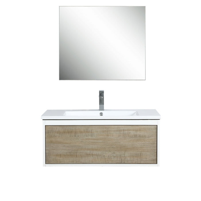 Lexora Scopi 36" Rustic Acacia Bathroom Vanity, Acrylic Composite Top with Integrated Sink, Labaro Rose Gold Faucet Set, and 28" Frameless Mirror LSC36SRAOSM28FRG