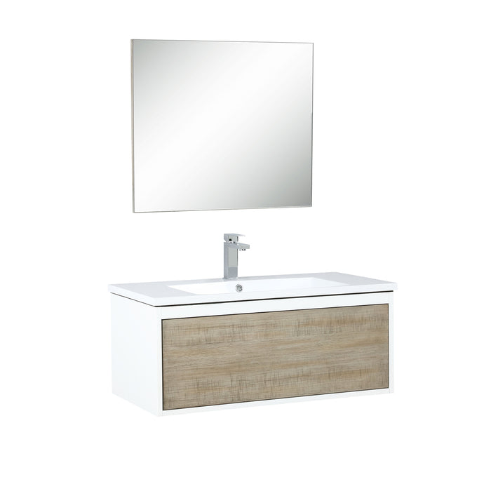 Lexora Scopi 36" Rustic Acacia Bathroom Vanity, Acrylic Composite Top with Integrated Sink, Labaro Rose Gold Faucet Set, and 28" Frameless Mirror LSC36SRAOSM28FRG