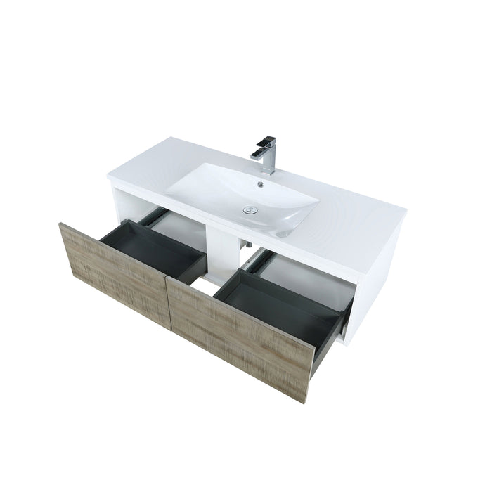 Lexora Scopi 48" Rustic Acacia Bathroom Vanity, Acrylic Composite Top with Integrated Sink, and Labaro Brushed Nickel Faucet Set LSC48SRAOS000FBN