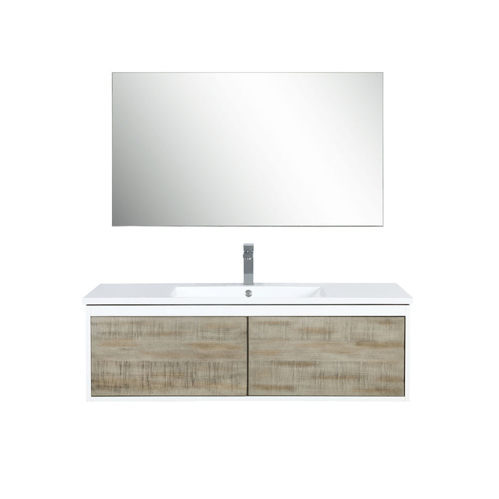 Lexora Scopi 48" Rustic Acacia Bathroom Vanity, Acrylic Composite Top with Integrated Sink, Labaro Brushed Nickel Faucet Set, and 43" Frameless Mirror LSC48SRAOSM43FBN