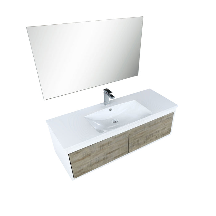 Lexora Scopi 48" Rustic Acacia Bathroom Vanity, Acrylic Composite Top with Integrated Sink, Labaro Brushed Nickel Faucet Set, and 43" Frameless Mirror LSC48SRAOSM43FBN