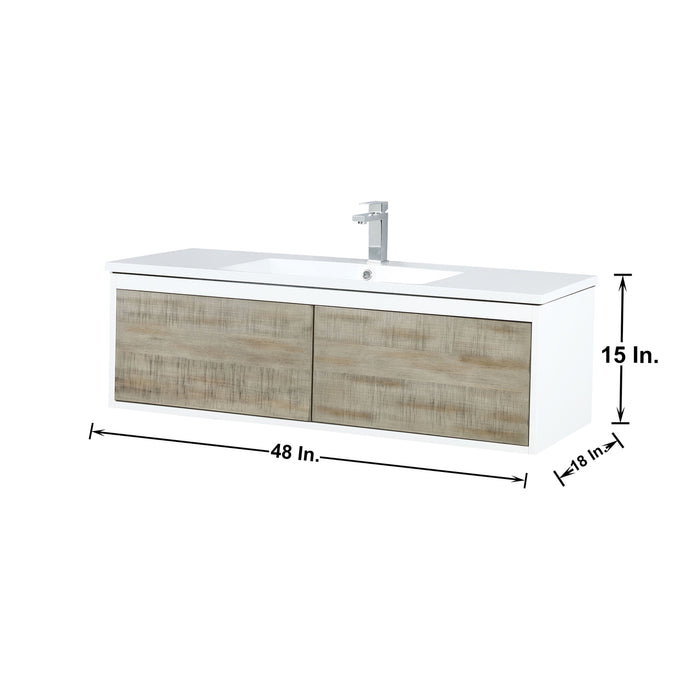 Lexora Scopi 48" Rustic Acacia Bathroom Vanity, Acrylic Composite Top with Integrated Sink, Balzani Gun Metal Faucet Set, and 43" Frameless Mirror LSC48SRAOSM43FGM