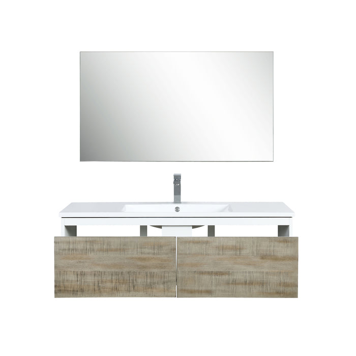 Lexora Scopi 48" Rustic Acacia Bathroom Vanity, Acrylic Composite Top with Integrated Sink, Balzani Gun Metal Faucet Set, and 43" Frameless Mirror LSC48SRAOSM43FGM