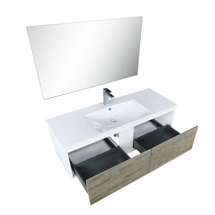 Lexora Scopi 48" Rustic Acacia Bathroom Vanity, Acrylic Composite Top with Integrated Sink, Balzani Gun Metal Faucet Set, and 43" Frameless Mirror LSC48SRAOSM43FGM