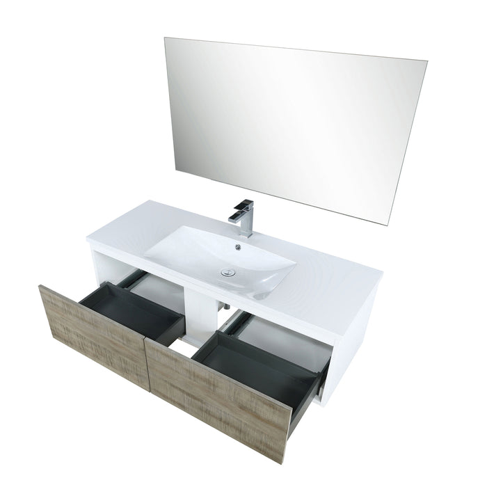 Lexora Scopi 48" Rustic Acacia Bathroom Vanity, Acrylic Composite Top with Integrated Sink, Balzani Gun Metal Faucet Set, and 43" Frameless Mirror LSC48SRAOSM43FGM