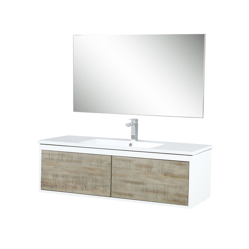 Lexora Scopi 48" Rustic Acacia Bathroom Vanity, Acrylic Composite Top with Integrated Sink, Labaro Rose Gold Faucet Set, and 43" Frameless Mirror LSC48SRAOSM43FRG
