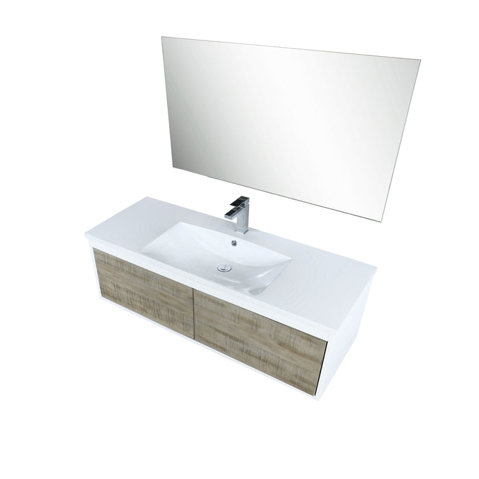 Lexora Scopi 48" Rustic Acacia Bathroom Vanity, Acrylic Composite Top with Integrated Sink, Labaro Rose Gold Faucet Set, and 43" Frameless Mirror LSC48SRAOSM43FRG