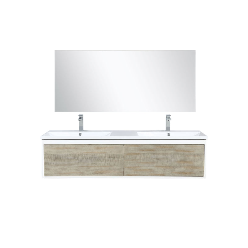 Lexora Scopi 60" Rustic Acacia Double Bathroom Vanity, Acrylic Composite Top with Integrated Sinks, Labaro Brushed Nickel Faucet Set, and 55" Frameless Mirror LSC60DRAOSM55FBN