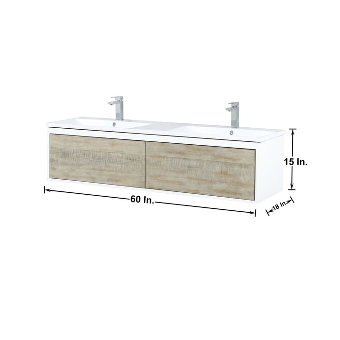 Lexora Scopi 60" Rustic Acacia Double Bathroom Vanity, Acrylic Composite Top with Integrated Sinks, Balzani Gun Metal Faucet Set, and 55" Frameless Mirror LSC60DRAOSM55FGM